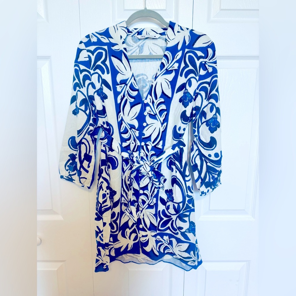 Zara blue & white floral patterned shirt dress